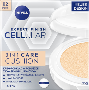 NIVEA Cellular 3w1 Care Cushion 02 Mittel, podkład z kwasem hialuronowym SPF 15, otwarte opakowanie.