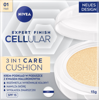Jasny podkład Nivea Expert Finish Cellular 3 in 1 Care Cushion 01 Hell w otwartym kompakcie, SPF 15.