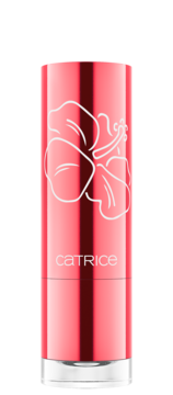 Metaliczny różowy balsam do ust Catrice Wild Hibiscus Glow, z białym kwiatem hibiskusa, widok z przodu.