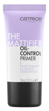 Catrice The Mattifier Oil-Control Primer w fioletowo-czarnej tubce, widok z przodu, do cery tłustej, matujący.