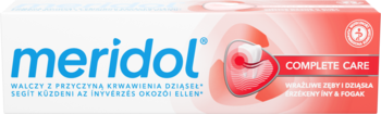 meridol Complete Care pasta do zębów, białe opakowanie z niebieskim logo i czerwoną grafiką zęba.