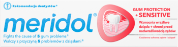 Biała tubka pasty meridol Complete Care Wrażliwe Dziąsła i Zęby, widok z przodu. Niebieskie logo, czerwony symbol ochrony dziąseł.
