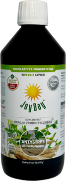 JoyDay ANTYSTRES Ashwagandha, koncentrat napoju probiotycznego w ciemnej butelce, widok z przodu.