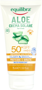 Equilibra Aloe krem solarny SPF 50+ w białej tubce, widok z przodu, z zielonym napisem i pomarańczowym pasem.