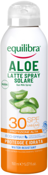 Equilibra Aloe Sun Milk Spray SPF 30, biało-pomarańczowa butelka z aloesem, wodoodporna, widok z przodu.