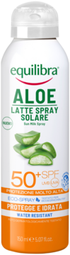 Equilibra Aloe Sun Milk Spray SPF 50+, wodoodporne, w białej butelce z pomarańczową podstawą, z przodu.