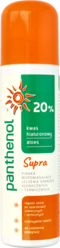 Aerosol Panthenol Supra 20% foam for burns with hyaluronic acid and aloe, white can with orange cap, front view.