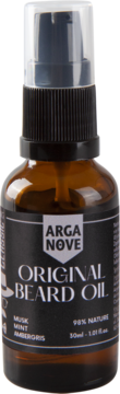 Arga Nove Original Beard Oil, bursztynowa butelka z pompką, czarna etykieta, zapach piżma, mięty, 98% natury, widok z przodu.