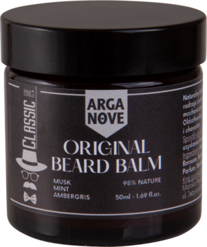 Czarny słoiczek Arga Nove Original Beard Balm z napisem Musk Mint Ambergris i sylwetką kapelusza.