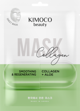 Maska Kimoco Beauty Collagen + Aloe w białej i zielonej płachcie, widok z przodu, z efektem wygładzającym i regenerującym.