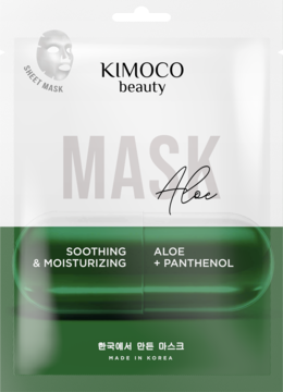 Kimoco Beauty aloesowa maska w płachcie, biało-zielone opakowanie, widok z przodu, z napisem MASK Aloe.