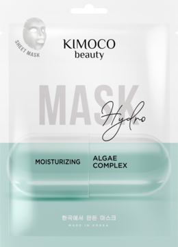 KIMOKO beauty maska w płachcie Hydro z kompleksem alg, biało-miętowe opakowanie z kapsułą, widok z przodu.
