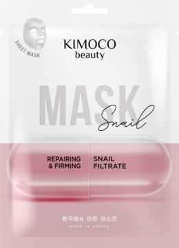 Maska w płachcie Kimoco Beauty Snail z filtratem ślimaka, białe opakowanie z różowym dołem i kapsułką.