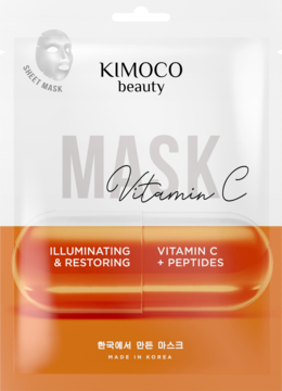 KIMOCO beauty Maska Vitamin C z peptydami, rozświetlająca, biało-pomarańczowe opakowanie, widok z przodu.