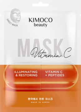 KIMOCO beauty Maska Vitamin C z peptydami, rozświetlająca, biało-pomarańczowe opakowanie, widok z przodu.