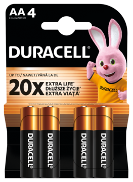 Blister 4 baterii alkalicznych Duracell AA, widok z przodu, z królikiem Duracell i hasłem 'Extra Life'.