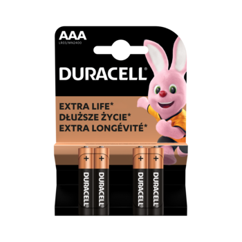 Opakowanie Duracell AAA Extra Life z 4 bateriami alkalicznymi, czarne tło i widoczny królik Duracell.