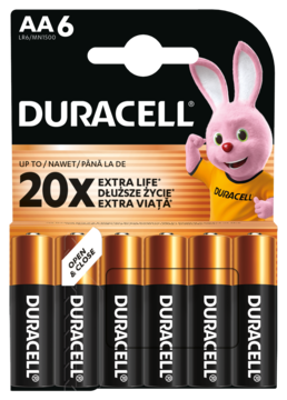 Czarne opakowanie 6 baterii alkalicznych Duracell AA z różowym królikiem, 20X Extra Life, widok z przodu.