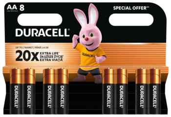 Baterie Duracell AA 8-pak, czarno-pomarańczowe opakowanie z różowym królikiem Duracell, widok z przodu.