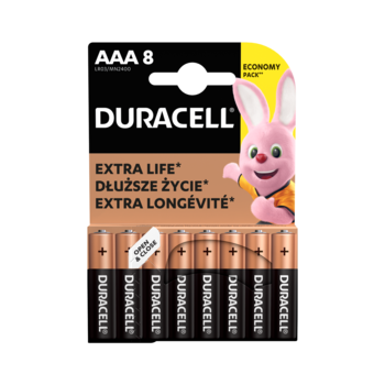 Zestaw 8 baterii Duracell AAA Extra Life w czarno-brązowym opakowaniu z różowym królikiem, widok z przodu.