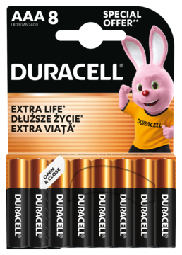 Duracell AAA 8-pak baterii alkalicznych w czarno-pomarańczowym opakowaniu z królikiem, widok z przodu.