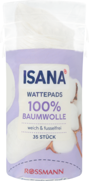 Opakowanie płatków Isana Rossmann, 100% bawełny, 35 sztuk, miękkich i bezwłóknowych, widok z przodu.