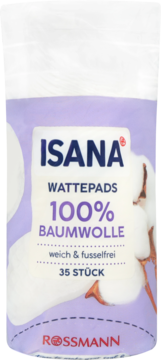 Biało-fioletowe opakowanie płatków kosmetycznych Isana 100% bawełny, miękkich i niepozostawiających włókien, 35 sztuk, widok z przodu.
