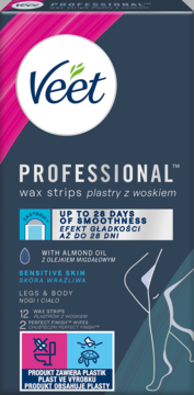 Front opakowania Veet Professional plastry woskowe, skóra wrażliwa, z olejkiem migdałowym, granatowo-różowe.