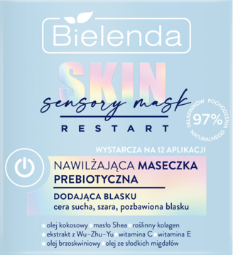 Bielenda Skin Restart maska prebiotyczna nawilżająca, dodająca blasku, niebieskie opakowanie, widok z przodu.