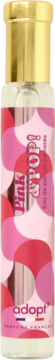 Adopt' Pink & Pop woda perfumowana, smukła butelka z różowo-czerwonym wzorem i złotym korkiem, widok z przodu.