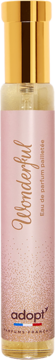 Adopt' Wonderful woda perfumowana w smukłej, brokatowej butelce w kolorze różowo-beżowym ze złotą nakrętką, widok z przodu.