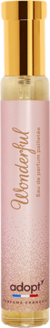 Adopt' Wonderful woda perfumowana w smukłej, brokatowej butelce w kolorze różowo-beżowym ze złotą nakrętką, widok z przodu.