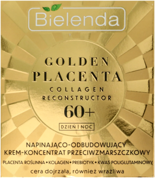 Bielenda Golden Placenta Collagen Reconstructor 60+ krem przeciwzmarszczkowy na dzień i noc w złotym opakowaniu, widok z przodu.