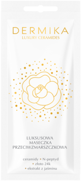 Dermika Luxury Ceramides maseczka przeciwzmarszczkowa z ceramidami i 24k złotem, biała saszetka, widok z przodu.