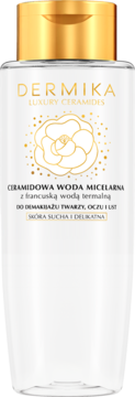 Dermika Luxury Ceramides woda micelarna z ceramidami do demakijażu suchej skóry. Butelka przezroczysta, złota nakrętka, widok z przodu.