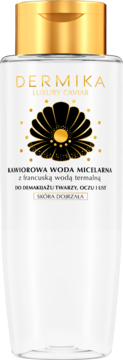 Dermika Luxury Caviar, kawiorowa woda micelarna do skóry dojrzałej, butelka z złotą nakrętką i czarnym wzorem.