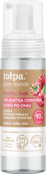 tołpa. pure trends pianka do mycia twarzy z maliną, biała butelka z brązową etykietą, widok z przodu.