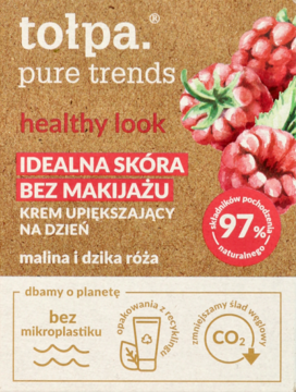 Tołpa Pure Trends krem na dzień "Idealna skóra bez makijażu" z maliną i dziką różą, opakowanie eco.