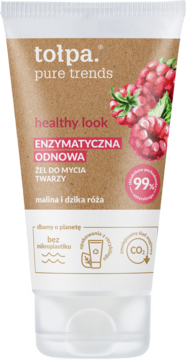 Tołpa Pure Trends Enzymatyczna Odnowa żel do mycia twarzy malina i dzika róża w białej tubce z brązowym wzorem, widok z przodu.