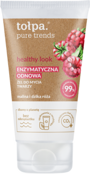 Tołpa Pure Trends Enzymatyczna Odnowa żel do mycia twarzy malina i dzika róża w białej tubce z brązowym wzorem, widok z przodu.