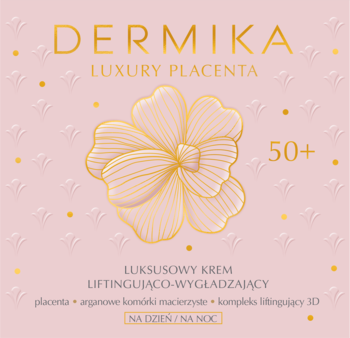 Luksusowy krem Dermika Luxury Placenta 50+ liftingująco-wygładzający. Różowe opakowanie ze złotym kwiatem.