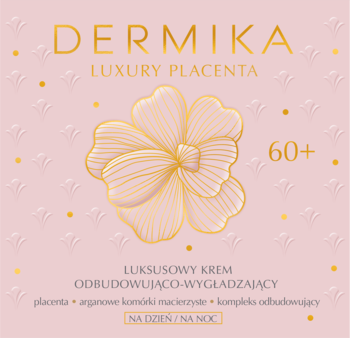Dermika Luxury Placenta 60+ krem odbudowująco-wygładzający na dzień/noc, różowo-złote opakowanie.