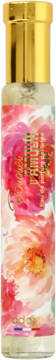 Adopt' Bouquet d'amour woda perfumowana, butelka ze złotą zakrętką, różowy kwiatowy wzór. Widok z przodu.