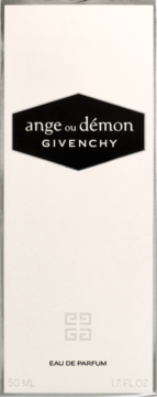 Białe pudełko perfum Givenchy Ange ou Démon 50 ml, z czarnym sześciokątnym logo, widok z przodu.