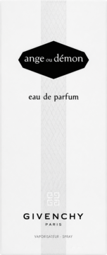 Białe opakowanie Givenchy Ange ou Démon eau de parfum, szary pionowy pas, czarne napisy, widok z przodu.