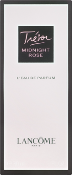 Białe opakowanie perfum damskich Lancôme Trésor Midnight Rose, czarny panel z nazwą zapachu, widok z przodu.