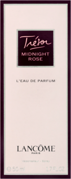 Woda perfumowana Lancôme Trésor Midnight Rose 50 ml, pionowe opakowanie z czarnym panelem i różowym napisem, widok z przodu.