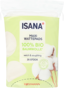 Opakowanie białych płatków ISANA Maxi Bio z 100% bawełny organicznej, z grafiką kwiatów bawełny, widok z przodu.