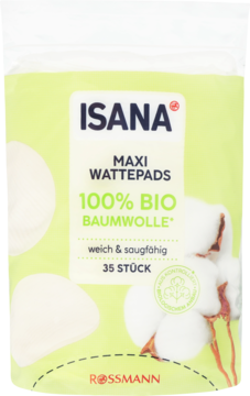 Isana Bio Maxi waciki, 35 sztuk, zielone opakowanie z bawełną i napisem 100% BIO, widok z przodu.