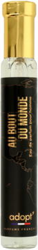 Adopt' Au Bout Du Monde woda perfumowana, przezroczysta butelka z czarną etykietą i złotą zakrętką, widok z przodu.